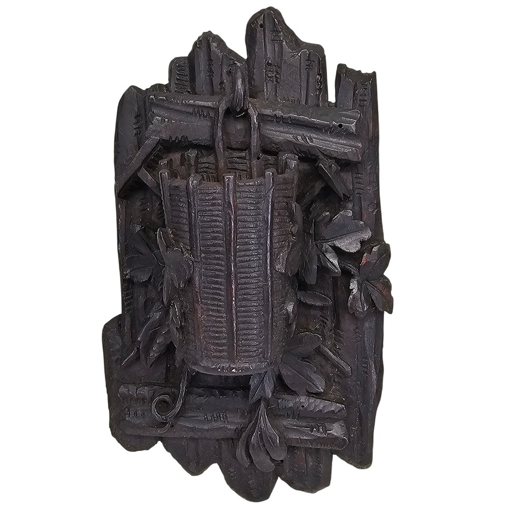 Antique Black Forest Hand Carved Wood Match Holder Forest Basket 1900s Brown